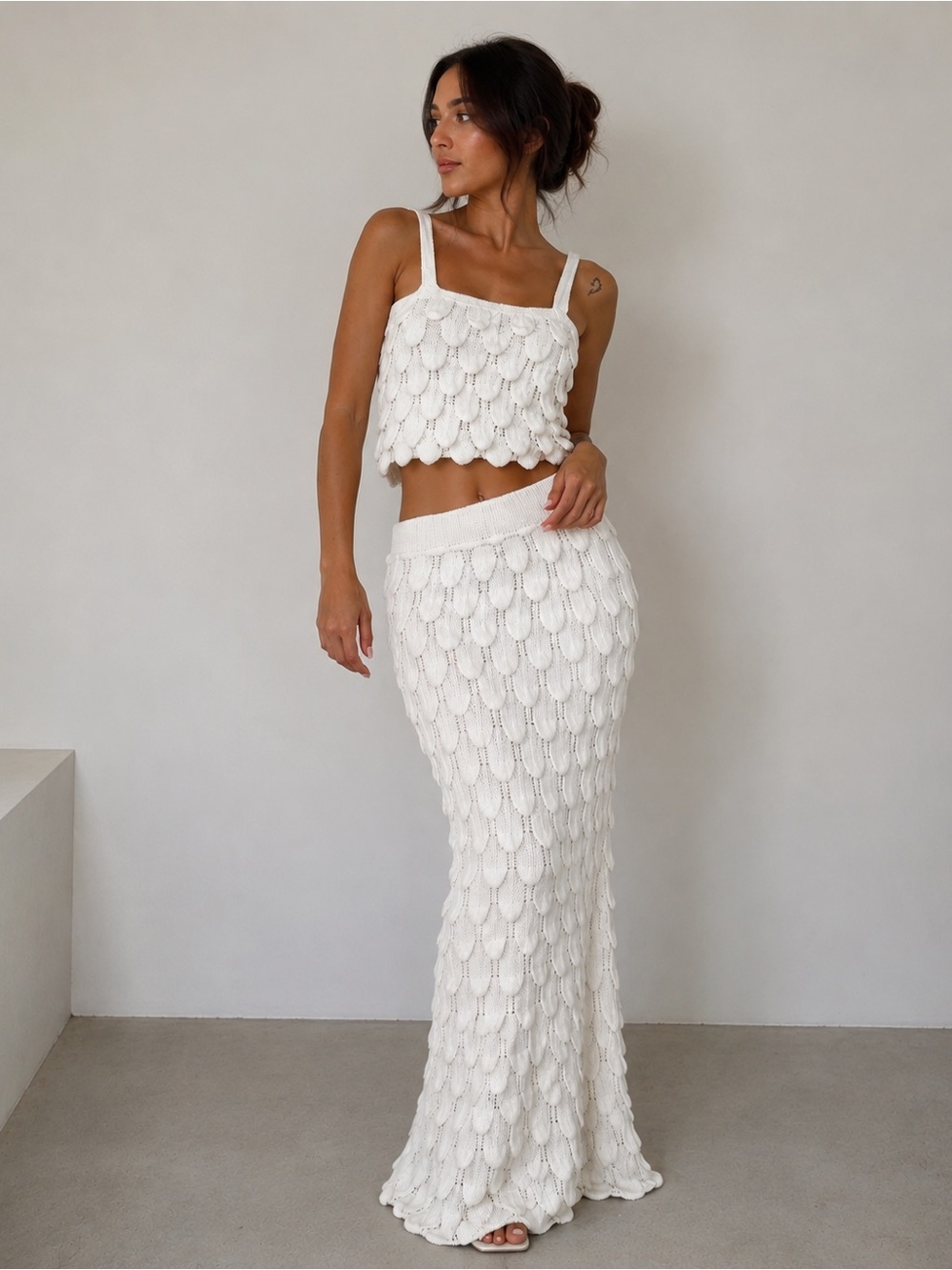 NEW - White Textured Knit Crop Top & Maxi Skirt Co-Ord Set